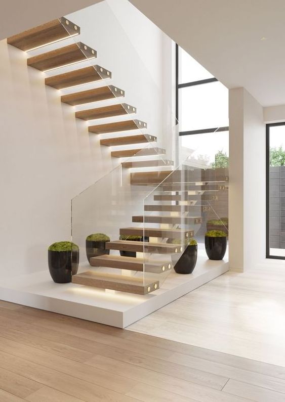 CBMmart new customized floating modern staircase with wood stair handrail glass railing straight stairs