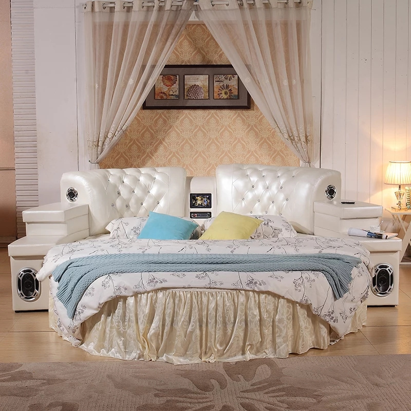 Bedroom furniture with music video 2m top grain leather round soft mattress bed