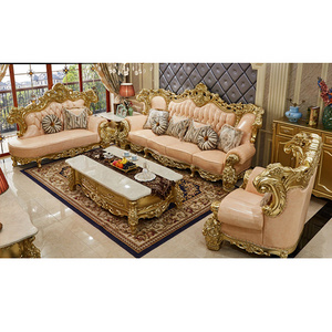 European and American Furniture Designs Luxury Baroque Top Grain Wood Royal Carved Classic Traditional Leather Antique Sofa