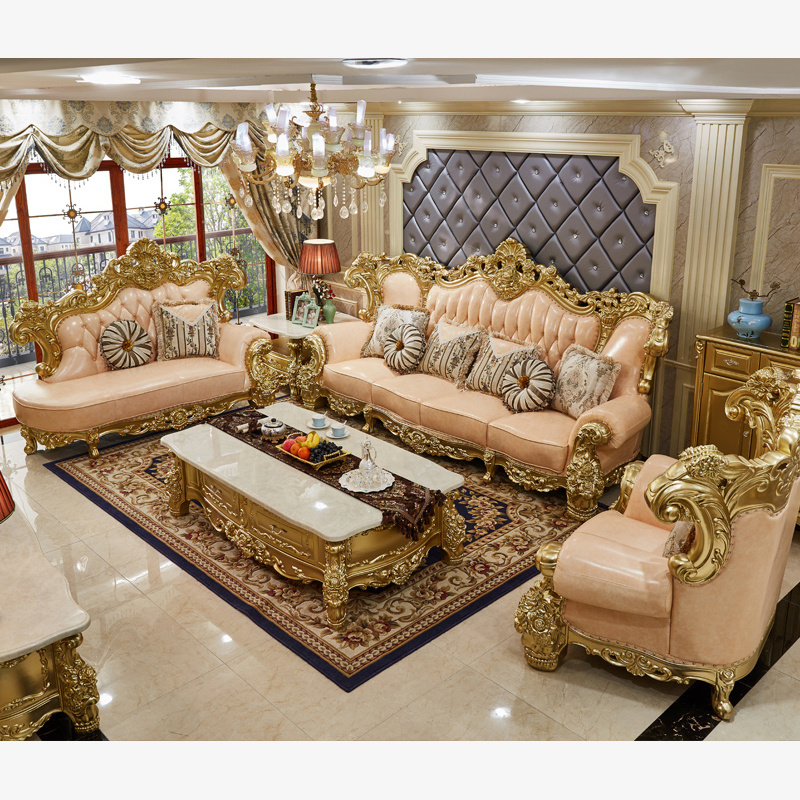 European and American Furniture Designs Luxury Baroque Top Grain Wood Royal Carved Classic Traditional Leather Antique Sofa