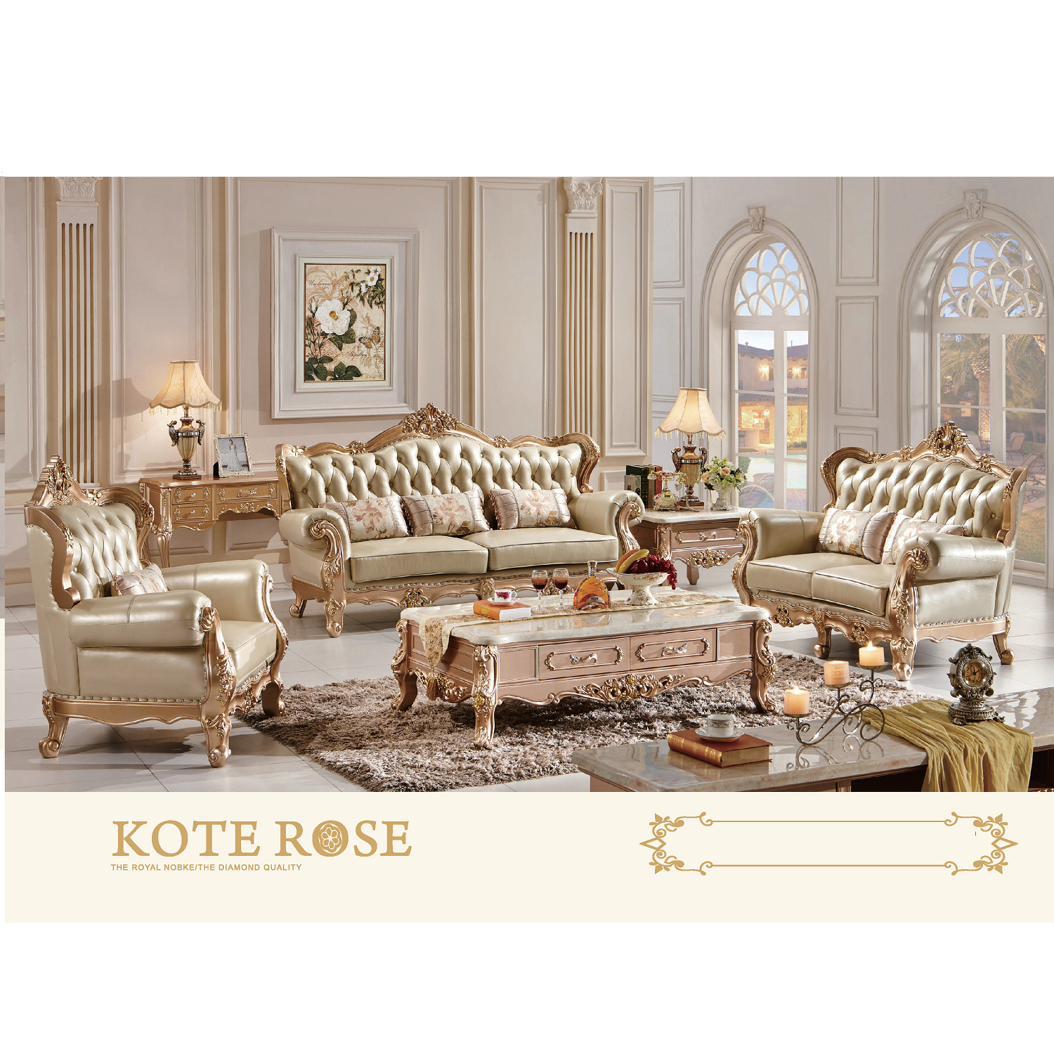 Classic style living room sofas other antique furniture golden frame fabric sofa leather sofa with TV stands and coffee table