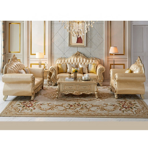 Royal Antique Gold Gilding Carved Leather Sofa Set Living Room Sectional Baroque Sofa