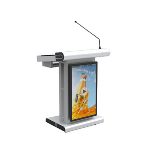 Conference speech table Aluminum body Lectern with wheels microphone 21.5inch screen and 32inch sual screen