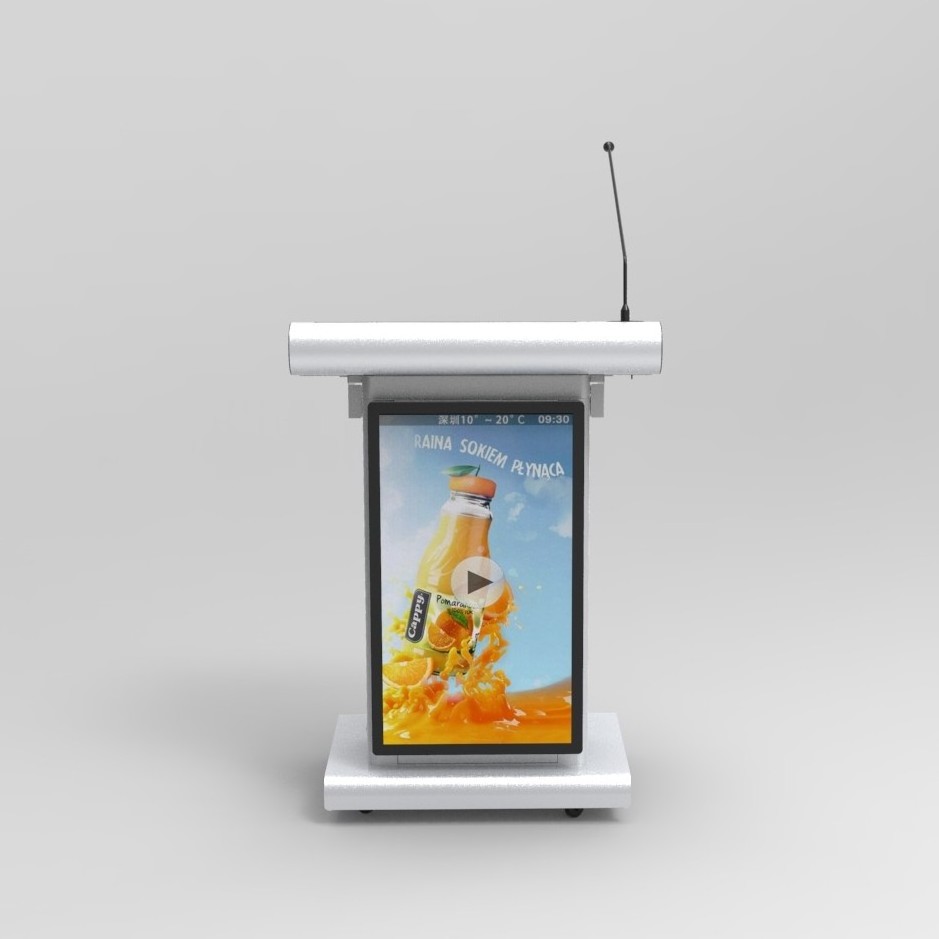 Conference speech table Aluminum body Lectern with wheels microphone 21.5inch screen and 32inch sual screen