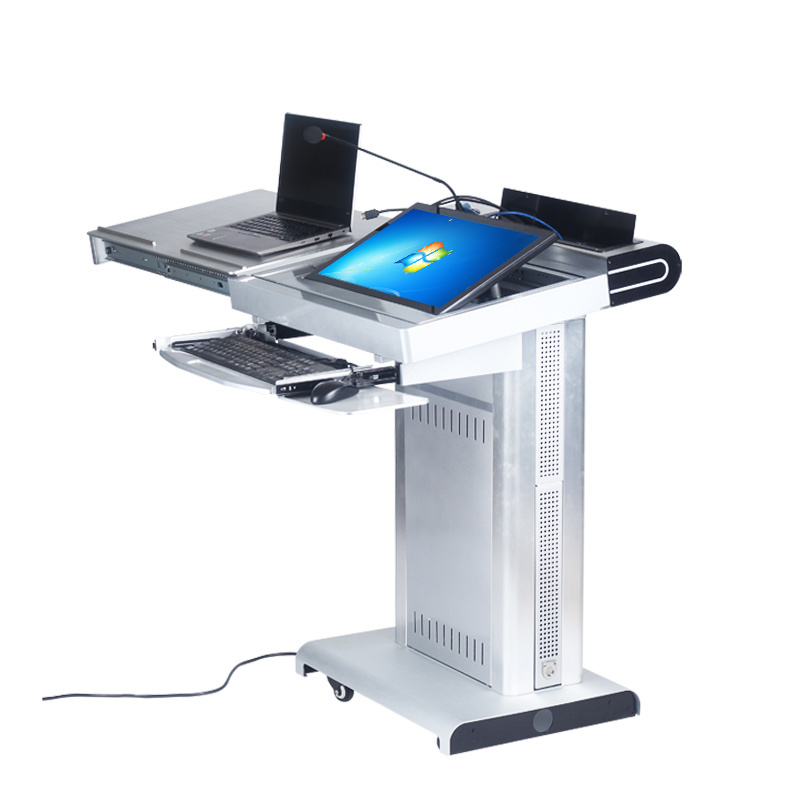 Conference speech table Aluminum body Lectern with wheels microphone 21.5inch screen and 32inch sual screen