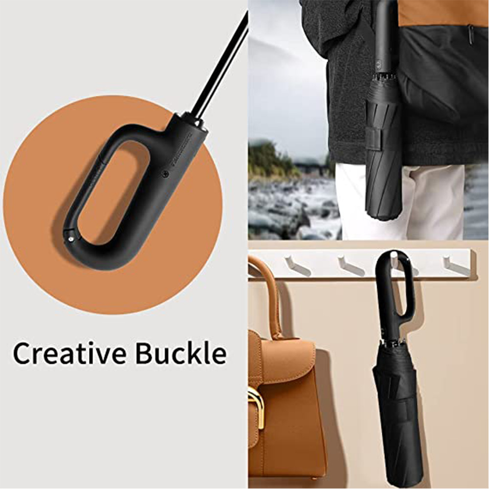 creative buckle 3 fold automatic umbrella  hook up lock umbrella with O shape handle to free hands