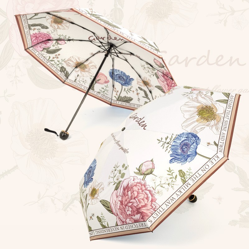 uv sun/rain summer  lady 3 fold double layer flower umbrella with handbag easy to carry