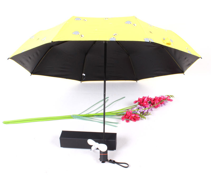 novelty portable UV protection 3 fold fan umbrella with USB charge