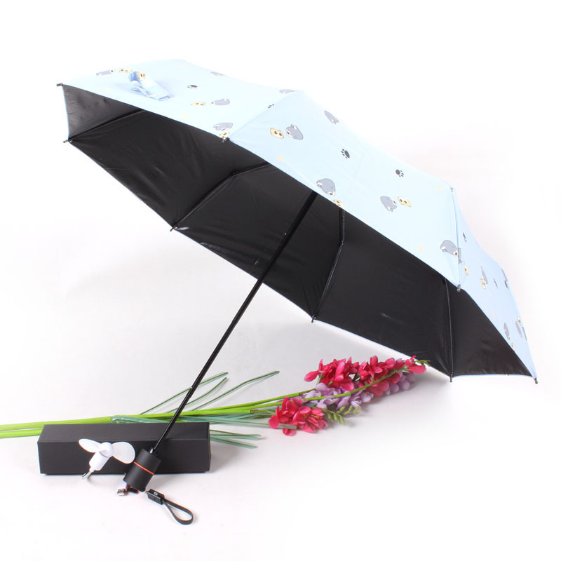 novelty portable UV protection 3 fold fan umbrella with USB charge