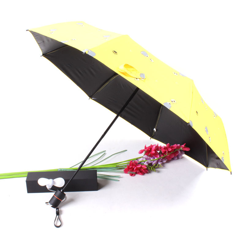 novelty portable UV protection 3 fold fan umbrella with USB charge