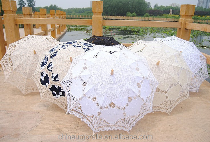 white bridal lace umbrella for wedding with wood frame