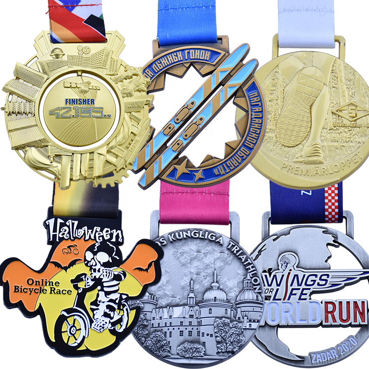 Manufacture supplier design metal 3d logo wordrun bicycle race sports gold award medal factory custom medal with ribbon