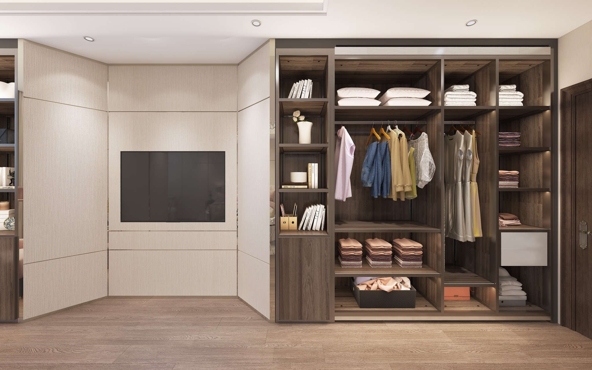 Dressing Room Wardrobe Clothes Organizer Wood Grain Finished  Bedroom Wardrobe Furniture Walk-in Closet With Led Light