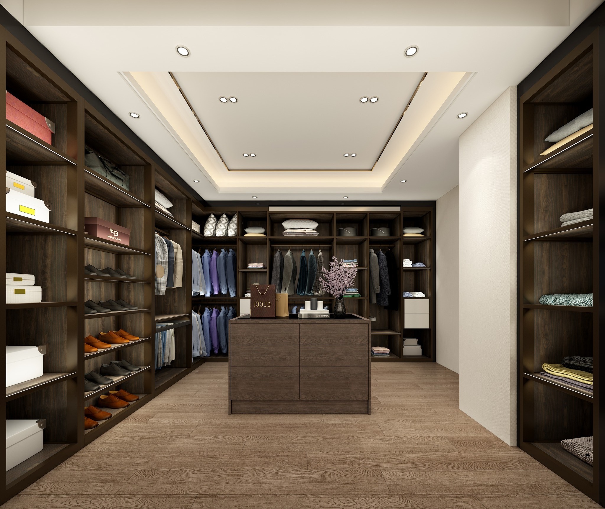 Dressing Room Wardrobe Clothes Organizer Wood Grain Finished  Bedroom Wardrobe Furniture Walk-in Closet With Led Light