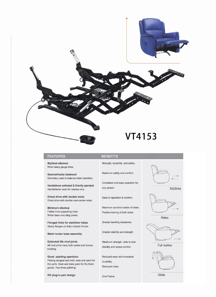 WELLTOP Black Recliner Sofa Mechanism Manual Frame Lazy Chair Mechanisms Single Double Three Seat Adjustable Recliner Mechanism