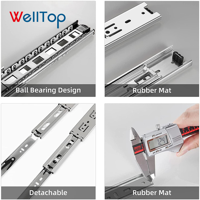 WELLTOP Vt-15.004 Heavy Duty Drawer Slides Cabinet Ball Bearing Undermount Drawer Slide Push Open Touch Soft Close Drawer Slide