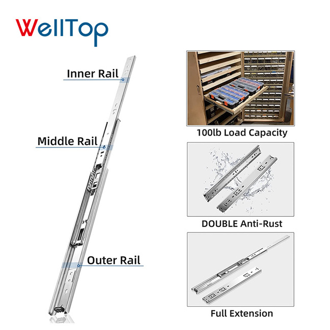 WELLTOP Vt-15.004 Heavy Duty Drawer Slides Cabinet Ball Bearing Undermount Drawer Slide Push Open Touch Soft Close Drawer Slide