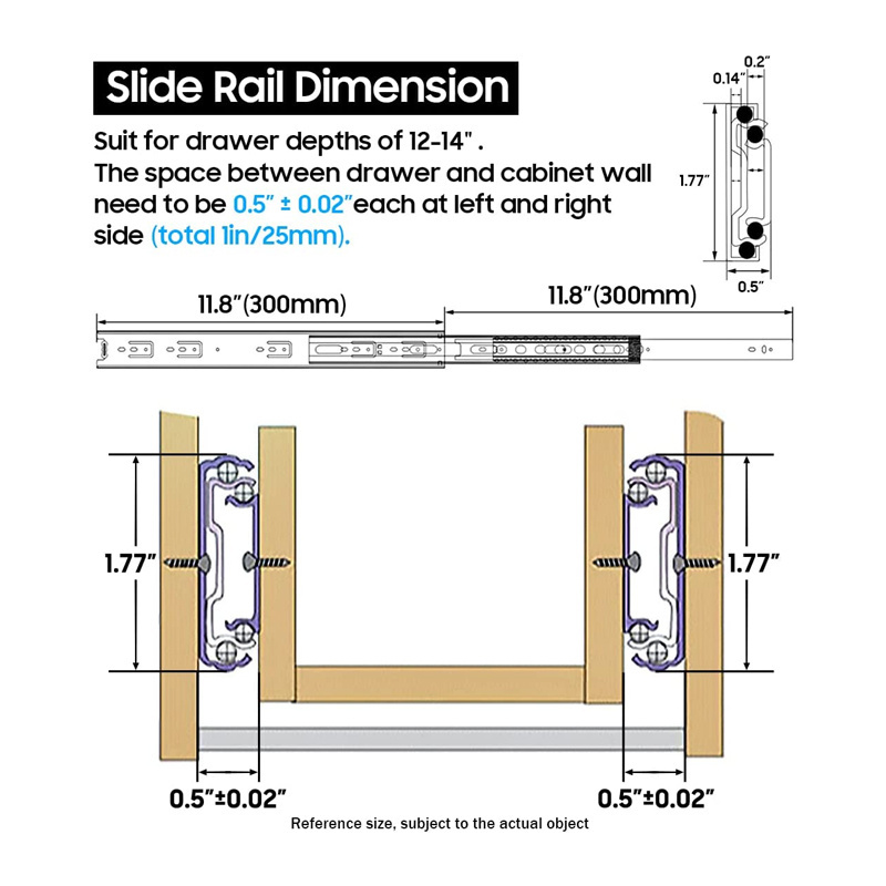 15.046 Full Extension Drawer Slides Side Mount 14 16 18 20 22 24 Inch Ball Bearing Metal Drawer Slides Soft Close Drawer Slide