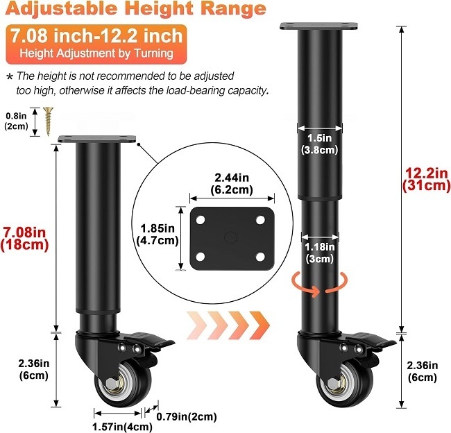 Wholesale Furniture Metal Sofa Legs Replacement Support Legs Adjustable Table Leg With Swivel Caster Wheel for Cabinet Bed Couch