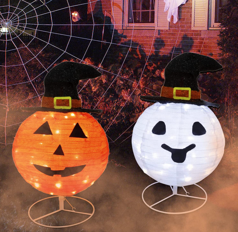 2 Pack Lighted Pop Up Halloween Decor Jack Lantern and White Ghost with Witch Hat LED Lights Outdoor Collapsible  Motif light