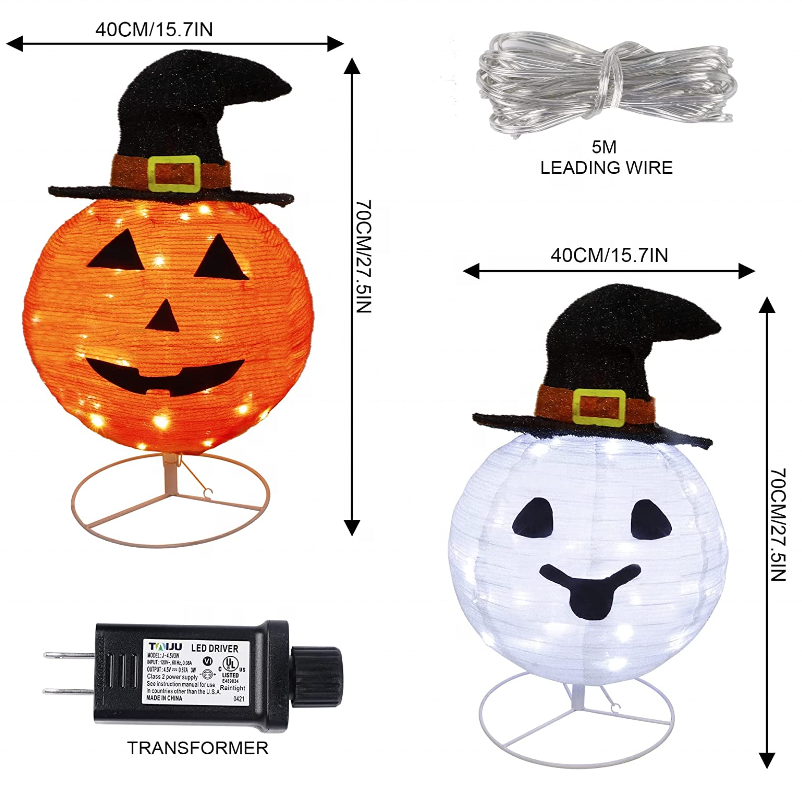 2 Pack Lighted Pop Up Halloween Decor Jack Lantern and White Ghost with Witch Hat LED Lights Outdoor Collapsible  Motif light