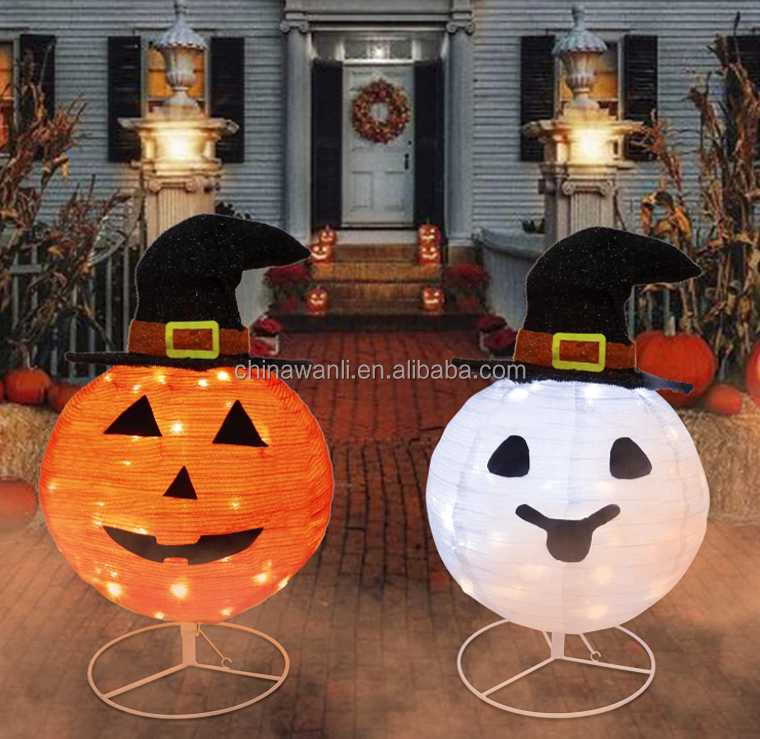 2 Pack Lighted Pop Up Halloween Decor Jack Lantern and White Ghost with Witch Hat LED Lights Outdoor Collapsible  Motif light