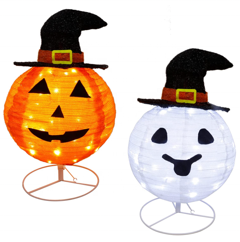 2 Pack Lighted Pop Up Halloween Decor Jack Lantern and White Ghost with Witch Hat LED Lights Outdoor Collapsible  Motif light