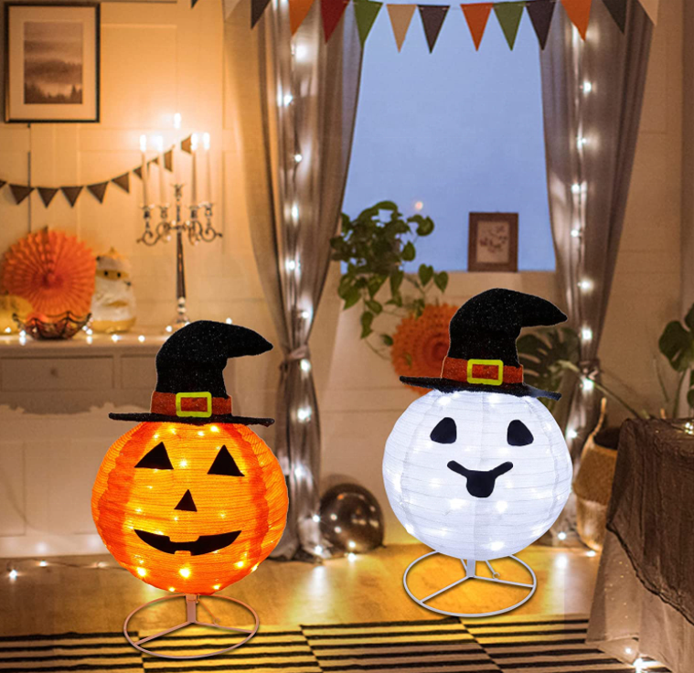 2 Pack Lighted Pop Up Halloween Decor Jack Lantern and White Ghost with Witch Hat LED Lights Outdoor Collapsible  Motif light