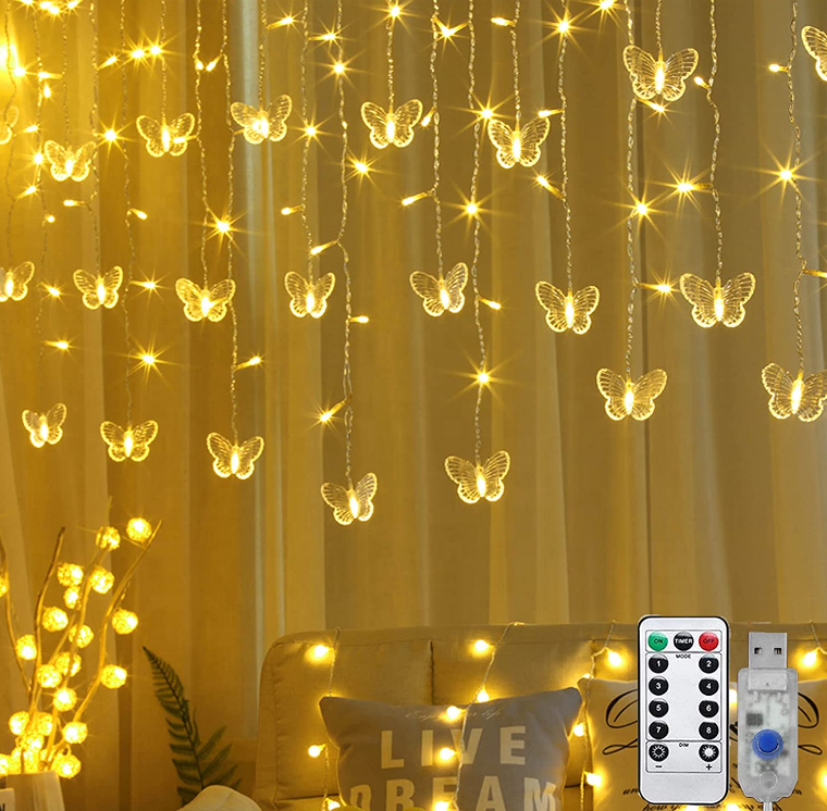 Butterfly Curtain Fairy Light 8 Modes 120 LED USB Window Firefly Twinkle Timer String Lights 24 Butterflies Curtain Light