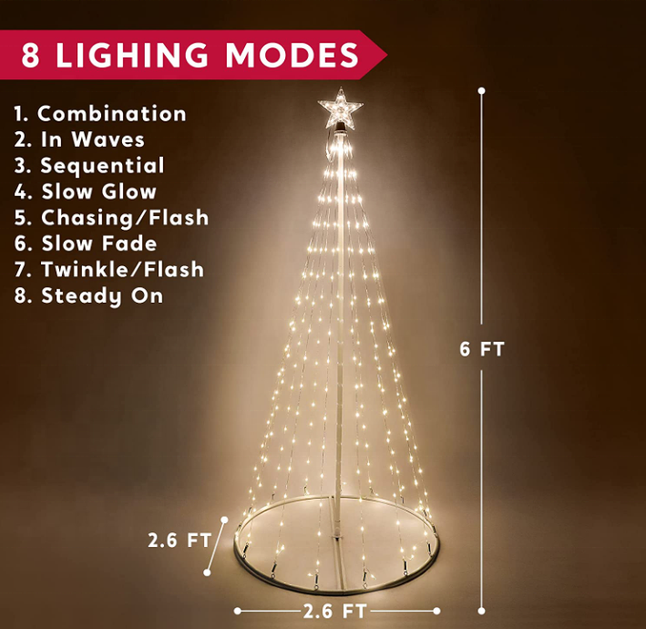 6FT Animated Christmas Cone Tree Yard Light Decorations LED Warm White Light Show with Metal Stakes LED Branch Tree Light