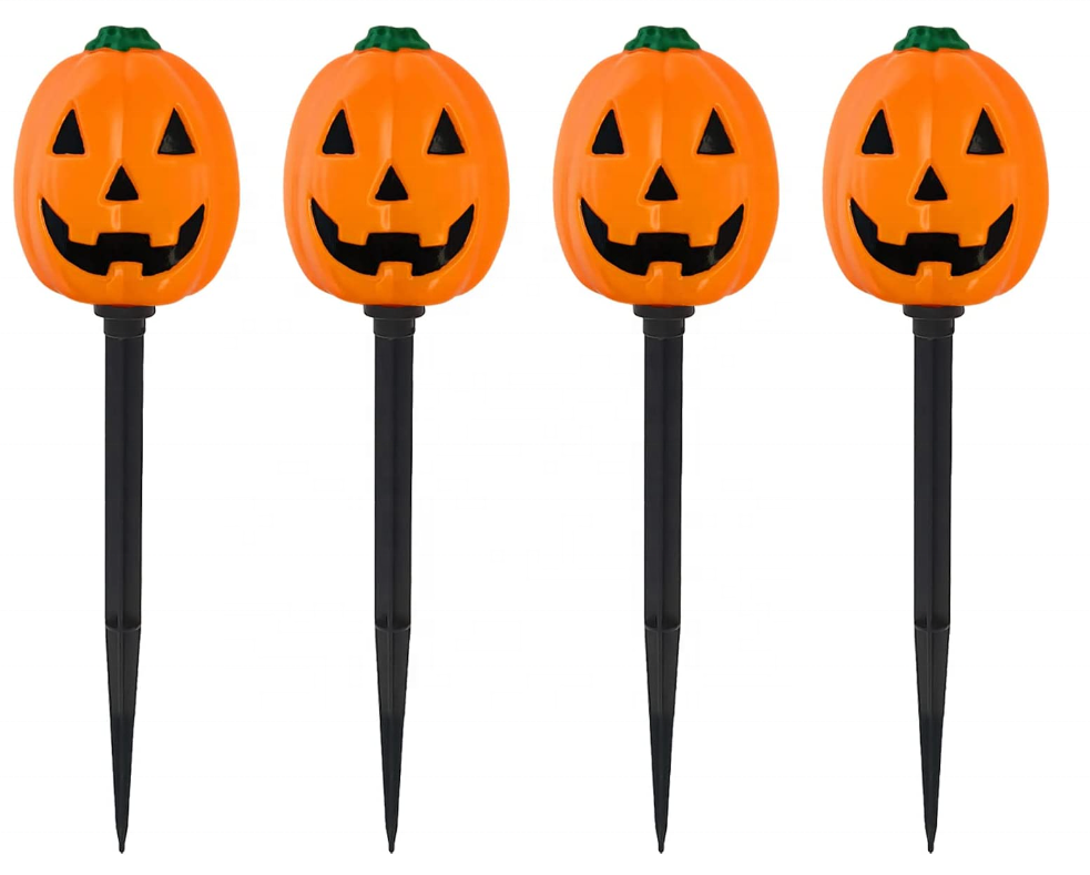 Halloween Pumpkin  Outdoor Set of 4 Solar Pre-lit Jack-O-Lanterns Pathway Markers Stake Waterproof Pathway Lights