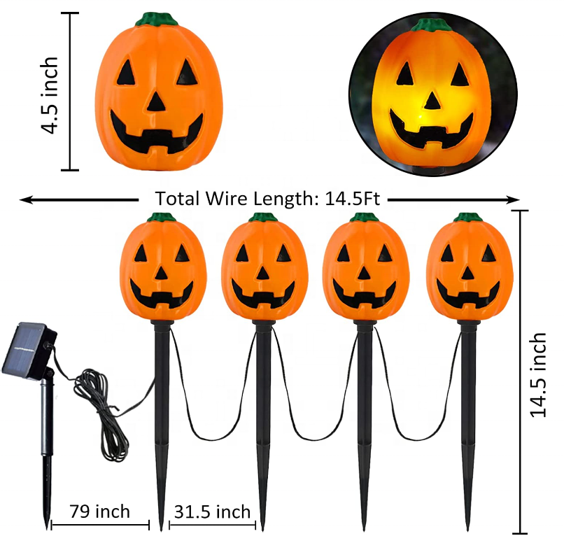 Halloween Pumpkin  Outdoor Set of 4 Solar Pre-lit Jack-O-Lanterns Pathway Markers Stake Waterproof Pathway Lights