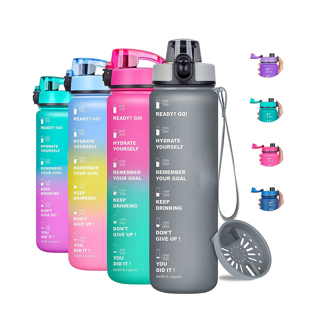 Gradient 1000ml Fitness Sports Yoga Leakproof Plastic PETG BPA Free Water Bottle with Motivational Time Marker