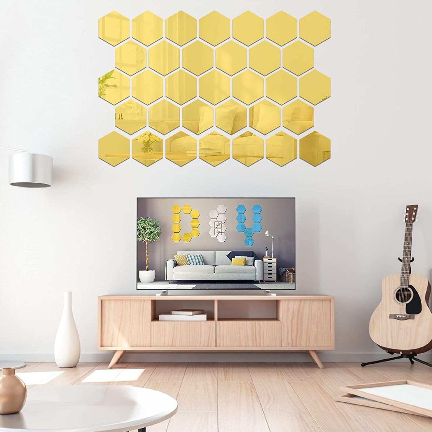 12Pcs 3D Removable Acrylic Mirror Hexagon Wall Sticker, Self Adhesive Setting Wall Sticker Decal for Home Decor Living Room