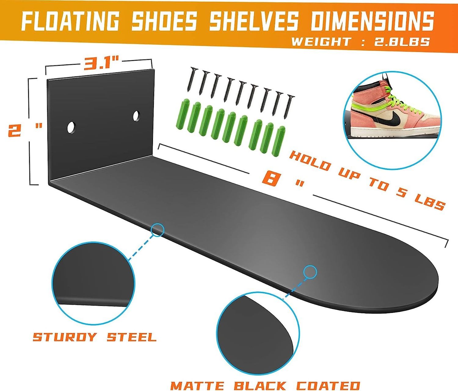 Floating Shoe Display Shelf 6 Packs Shoe Sneaker Display Shelf Wall Mounted Metal Round Edge Sneaker Rack Organizer Holder Sneak