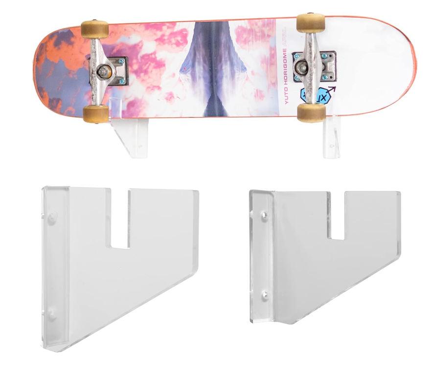 Skateboard Wall Mount - Clear Acrylic Rack Holder for Display and Storage of Long-/Skate-/Penny-/Cruiser Boards. 1 Board Hanger