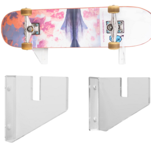 Skateboard Wall Mount - Clear Acrylic Rack Holder for Display and Storage of Long-/Skate-/Penny-/Cruiser Boards. 1 Board Hanger