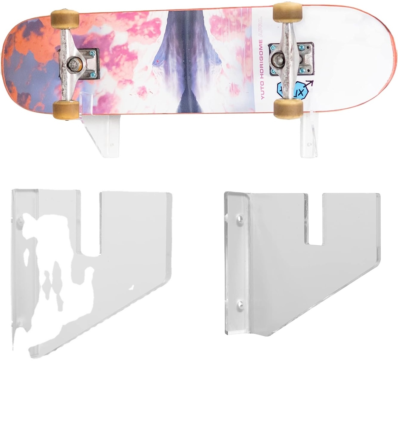 Skateboard Wall Mount - Clear Acrylic Rack Holder for Display and Storage of Long-/Skate-/Penny-/Cruiser Boards. 1 Board Hanger