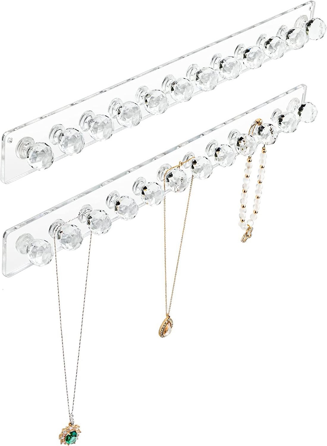 Hot Selling Clear Acrylic Necklace Holder 12 Diamond Crystal Hooks Wall Mounted Jewelry Organizer Hanging Jewelry Rack