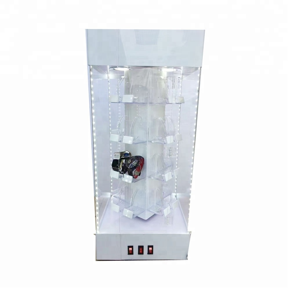 clear acrylic rotating watch display watch showcase with LED with mini watch stand