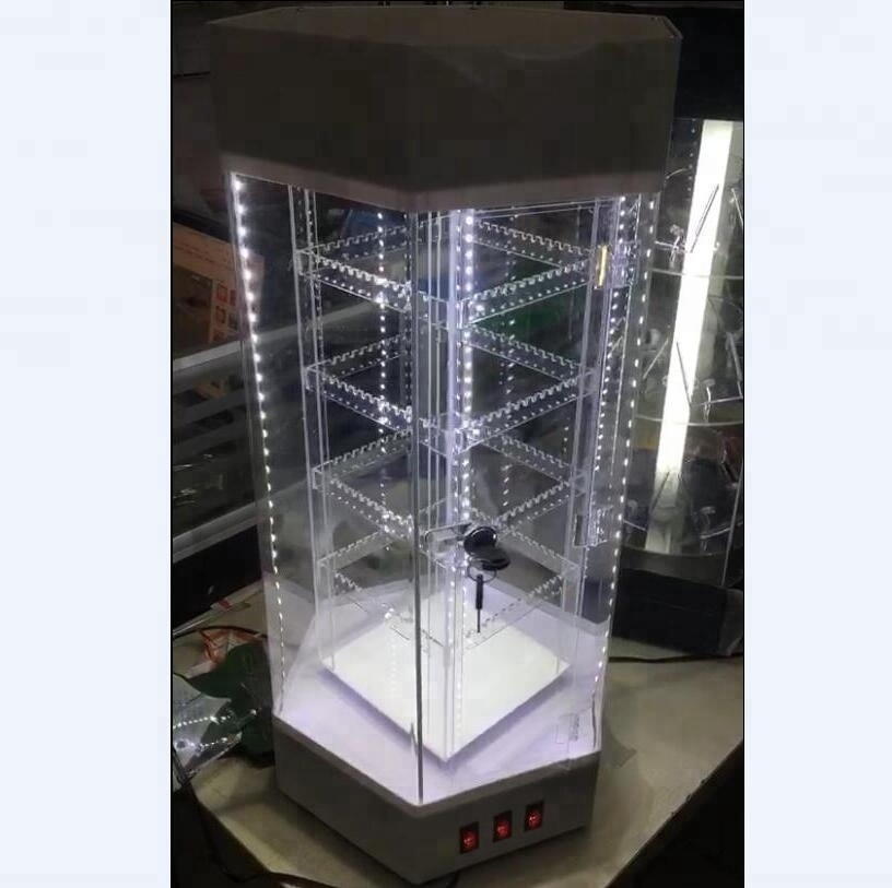 Clear Acrylic Rotating Jewelry Display Case With LED Lighting