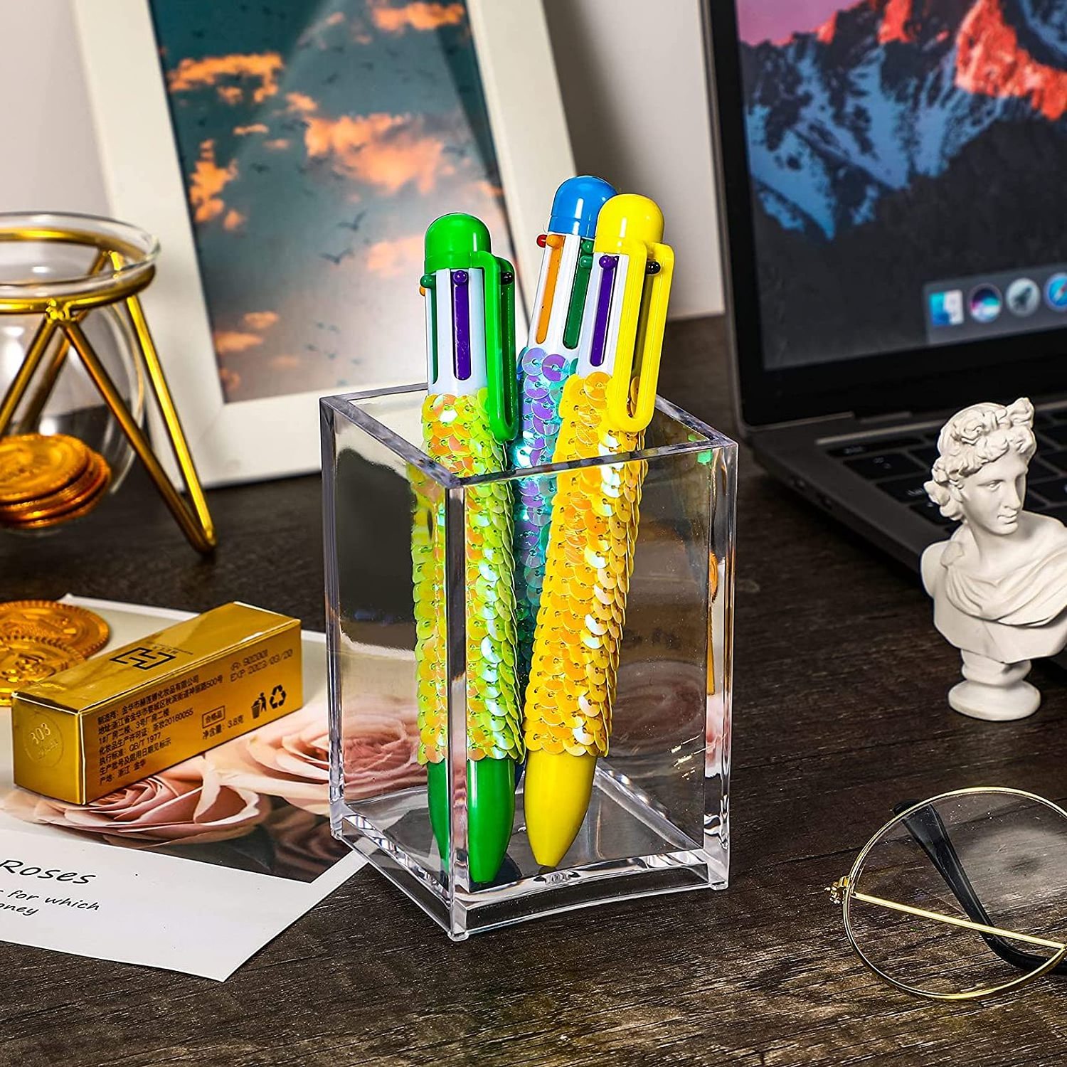 Clear Acrylic Pencil Pen Holder Cup, Desktop Makeup Brush Holder Square Makeup Cup Stationery Organizer, Transparent Pencil Hold