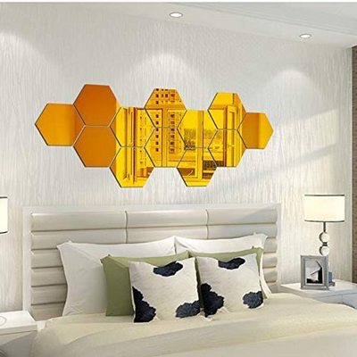 12Pcs 3D Removable Acrylic Mirror Hexagon Wall Sticker, Self Adhesive Setting Wall Sticker Decal for Home Decor Living Room