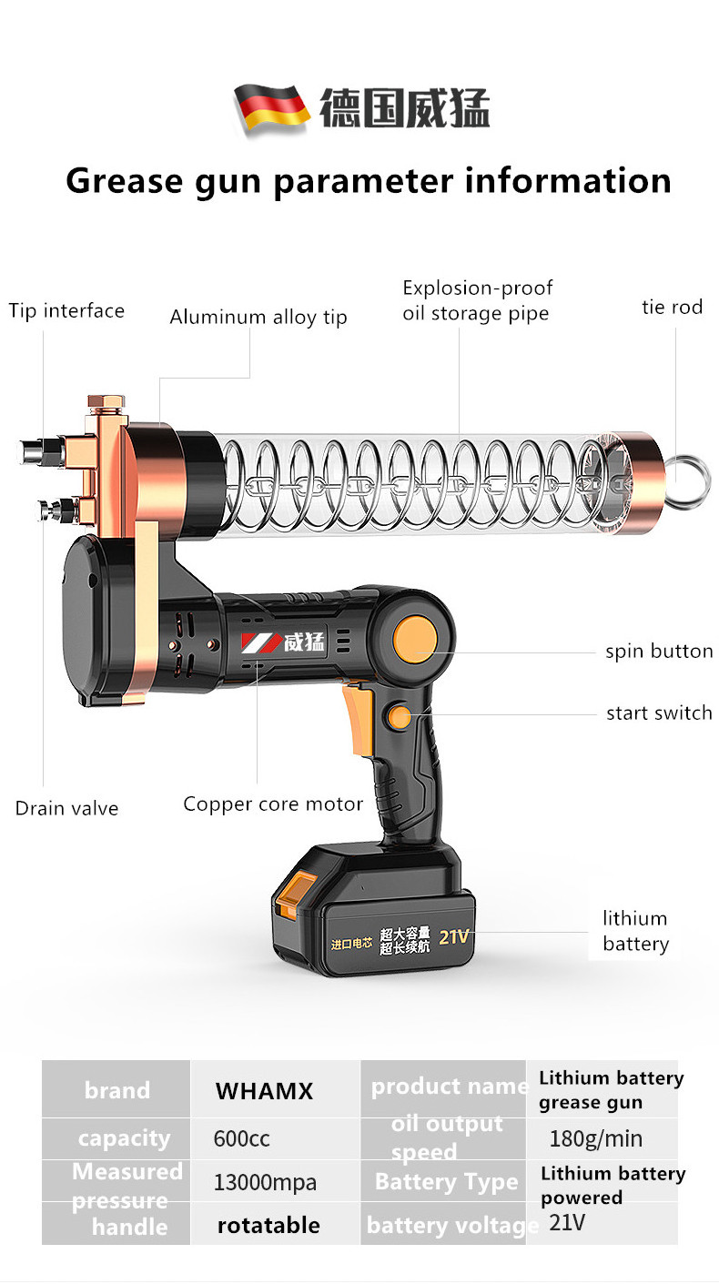 WHAMX 600CC 21V Portable Rechargeable Automatic Electric Cordless Grease Gun