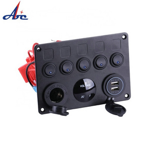 Rocker Universal 12v Socket 5 Gang IP68 ON OFF Dual USB With Voltmeter 8 Ports Marine Switch Panel