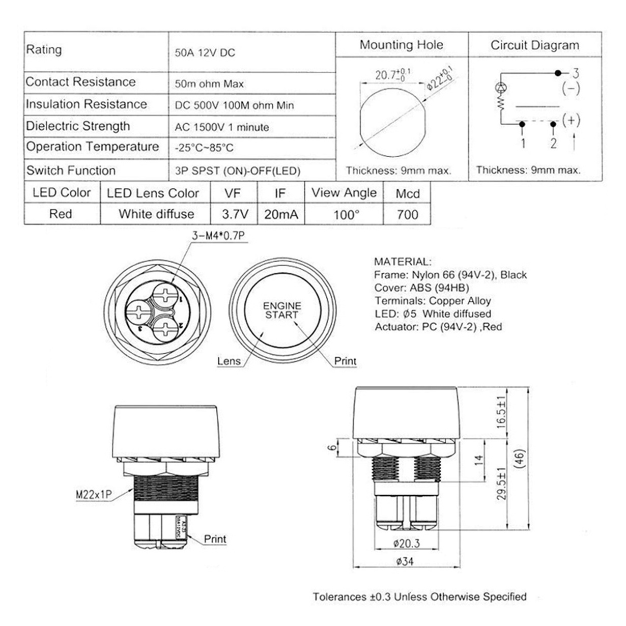 Start Engine Button 12V DC 50A SPST ON OFF Momentary Switch Car Stater Push Start Ignition Switch for Racing Sport Cars Trucks