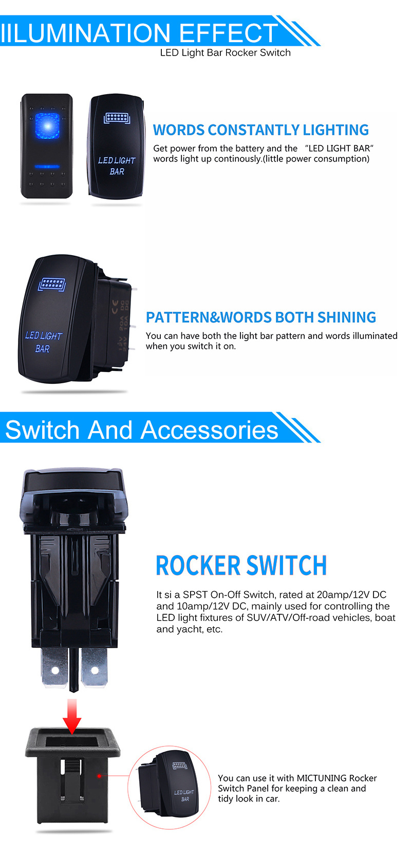 SPDT ON-ON 3 Pin  Rocker Switch On-Off LED Light 12V Push Rocker Toggle Switch Marine Switch