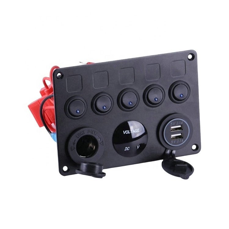 Rocker Universal 12v Socket 5 Gang IP68 ON OFF Dual USB With Voltmeter 8 Ports Marine Switch Panel