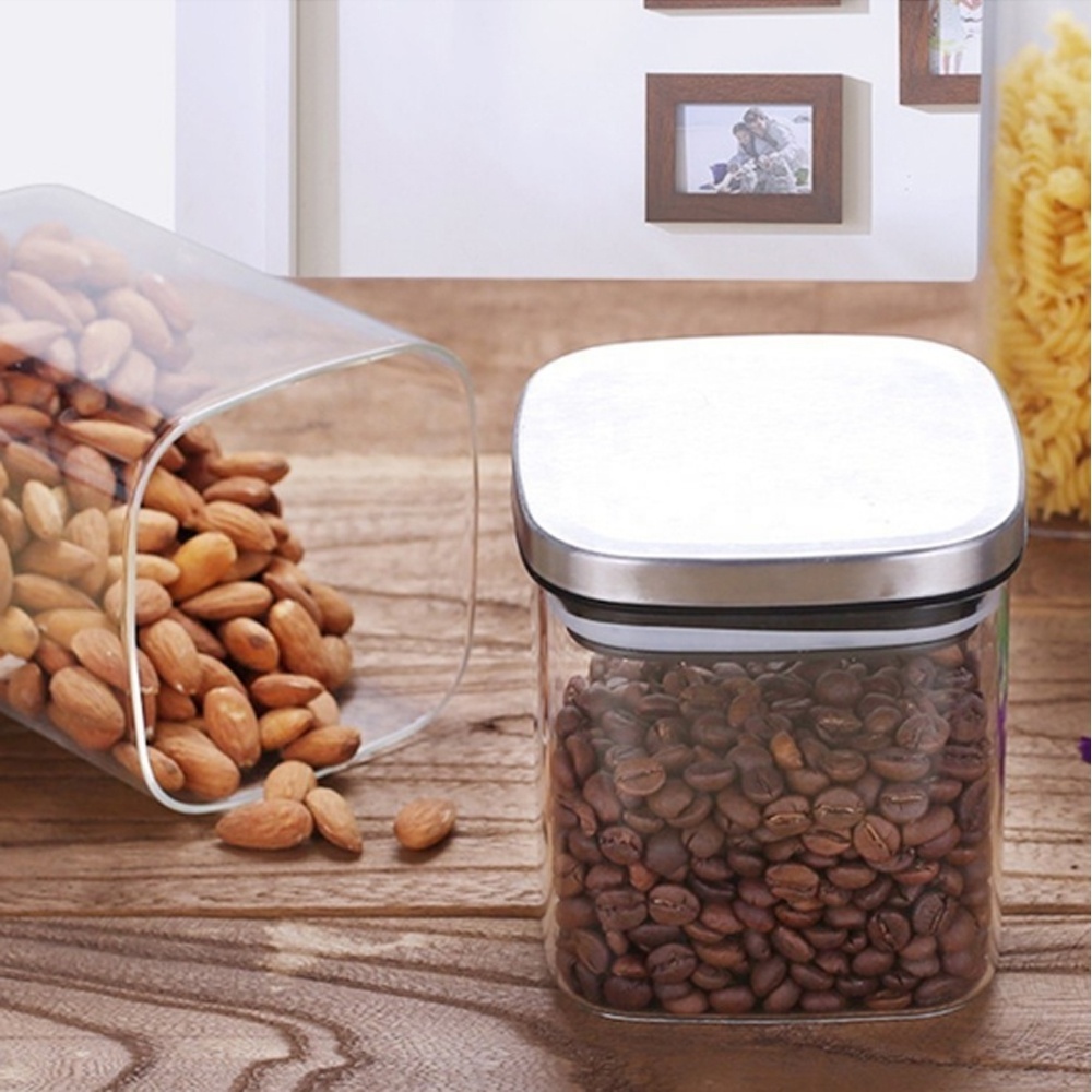 Square Glass Jars With Stainless Steel Lid For Tea Coffee Container Set Sealed Cans Storage Box Canister 140E