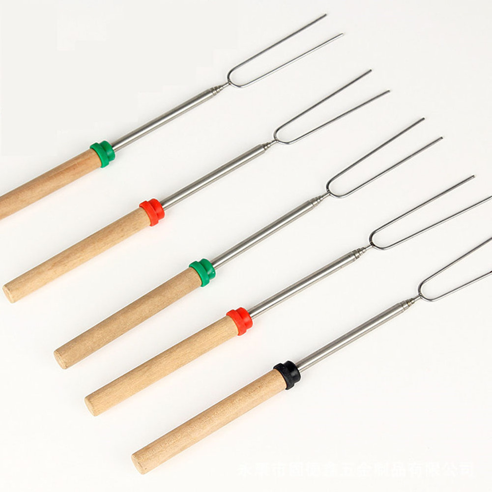 Wooden Handle Extendable Forks Set of 8Pcs Telescoping Smores Skewers for Campfire Firepit and Sausage BBQ barbecue fork